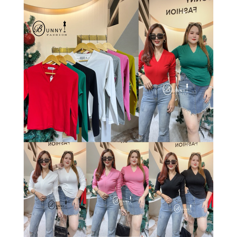 A168 BunnyFashion เสื้อคอวีแขนยาว ผ้าCT Spring มี3 ขนาดไซส์