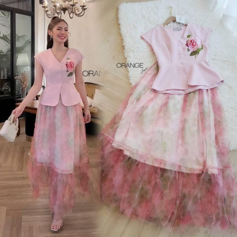 ชุดเซ็ตสีชมพูสวยหวาน!!! S-5XL Set2ชิ้น ชุดสาวอวบ,เสื้อสีชมพูกระดุมหน้า+กระโปรงลายดอกไม้พริ้วสวย งานป้าย Orange Juice