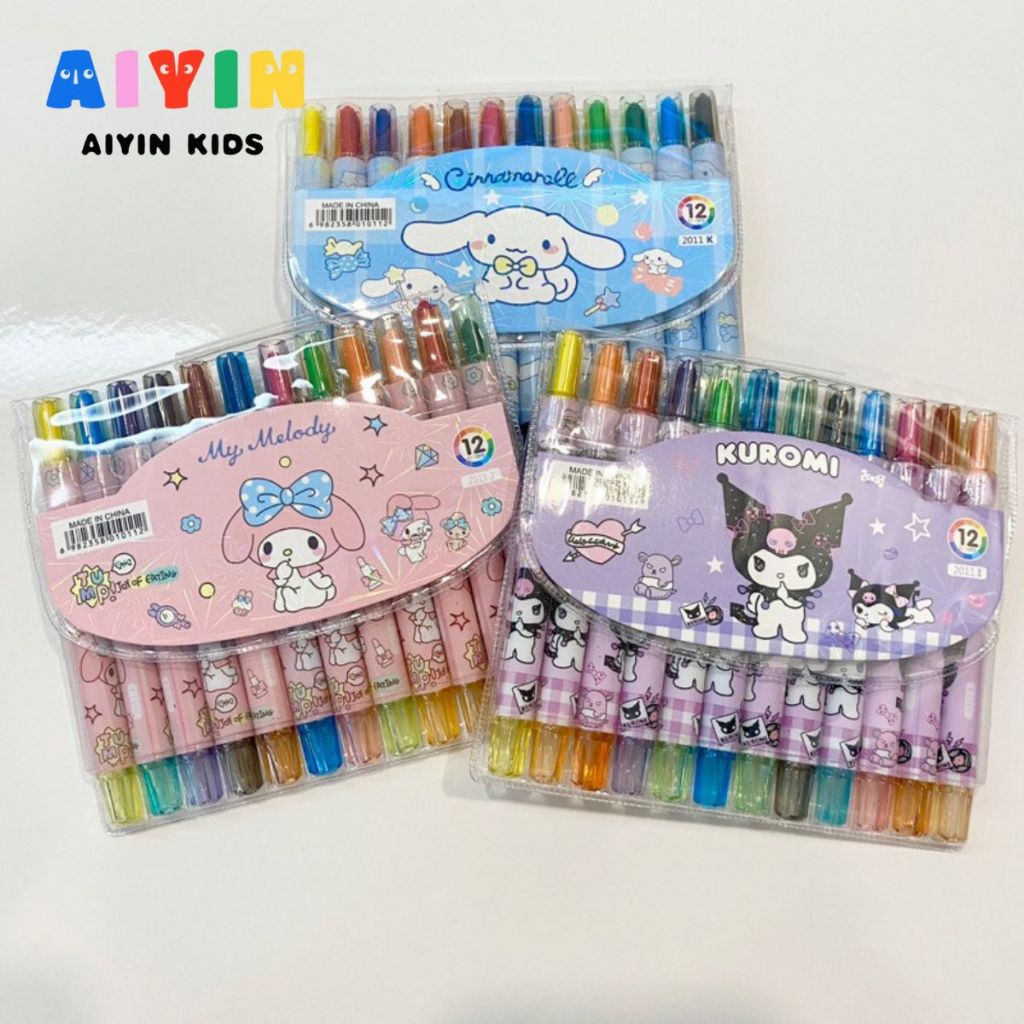 AIYIN ดินสอสีหมุนได้ 12 สีลายการ์ตูน Sanrio น่ารักเครื่องเขียนภาพวาดสร้างสรรค์นักเรียนและเด็กดินสอสีสั้น