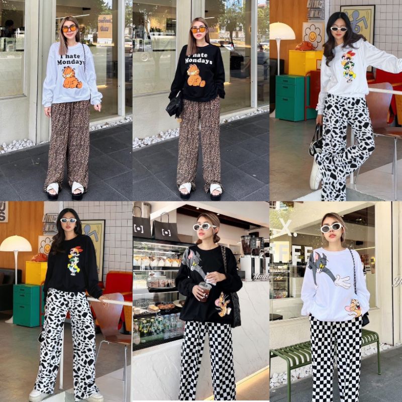 เซทเสื้อแขนยาว ทรง oversize style sweater สกรีนหน้าอก มาพร้อมกางเกงขายาว ทรงกระบอกใหญ่
