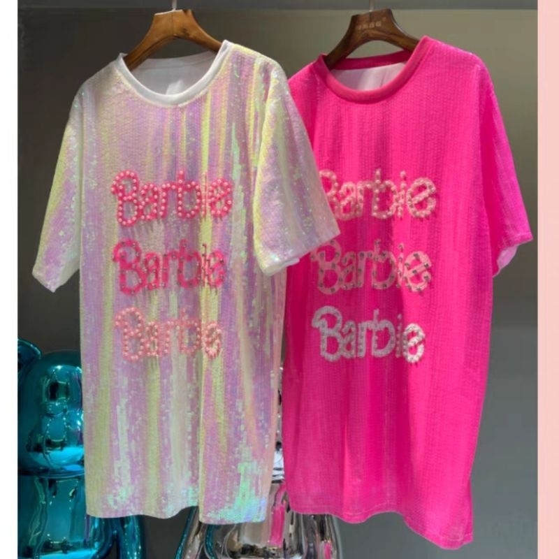 เสื้อวิ้งๆปักเลื่อมทรงOversizeสีชมพูนีออนและขาวมุก(สินค้าในไทย🇨🇷)