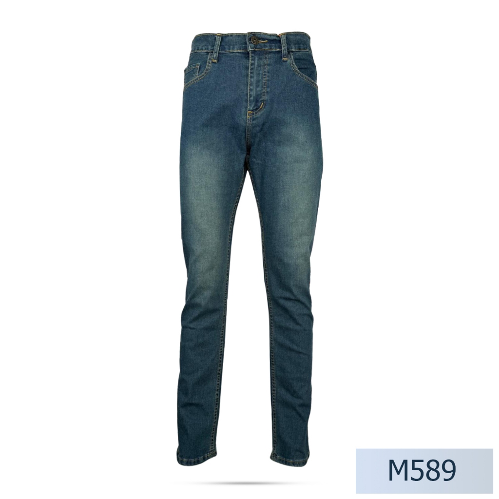 Niyom jeans รุ่น M589 กางเกงยีนส์ขายาวผู้ชาย ทรงกระบอกกลาง สียีนส์ ผ้ายืด แต่งเฟด