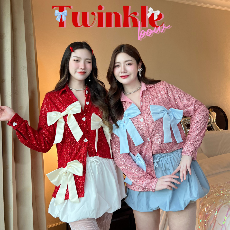 SEOULMATE TWINKLE BOW#SM8804 เสื้อเชิ้ตเลื่อม คอปกแขนยาว โบว์ใหญ่