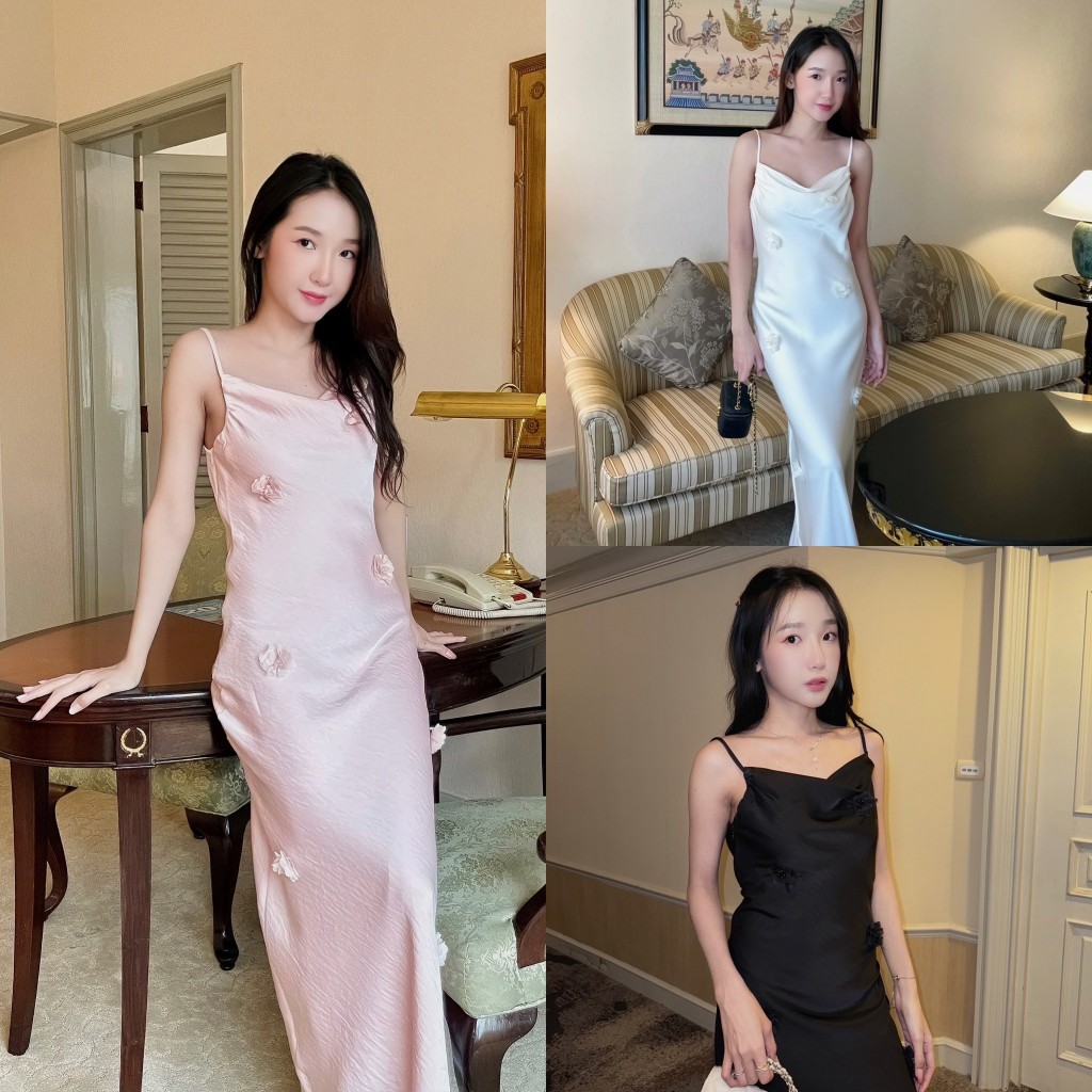 Sharon เดรสยาว ผ้าซาตินดีเทลดอกไม้