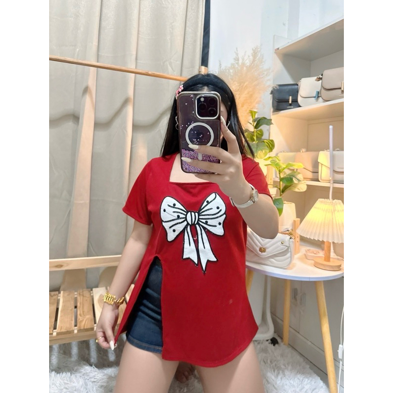 841 เสื้อสาวอวบปักโบว์ ผ่าหน้าตัวยาวพรางหุ่น อก 36-46