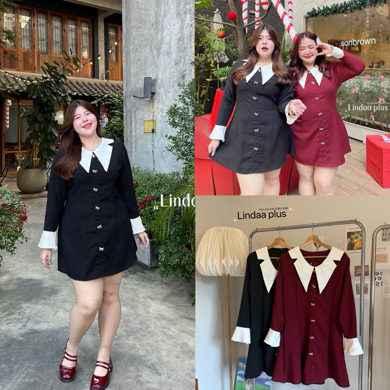 (LD) เดรสคอปก แขนยาว ผ้าทอ กระดุมโบว์ รุ่นนี้สวยมาก ใส่ทำงานเป็นคุณเลขาคนสวยได้เลย ใส่ไปคาเฟ่ก็เริ่ดไฮโซมาก ไซส์ใหญ่