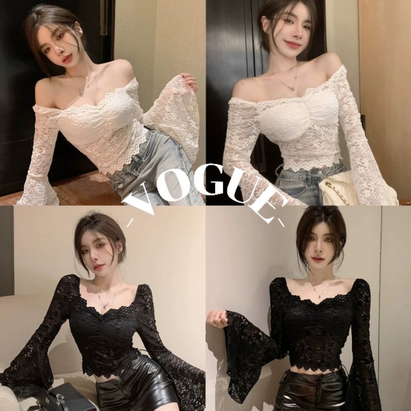 Vogue พร้อมส่ง เสื้อแขนยาว มีฟองน้ำ เซ็กซี่บาๆ แต่งรูปไม้สีพื้น (FY9074)