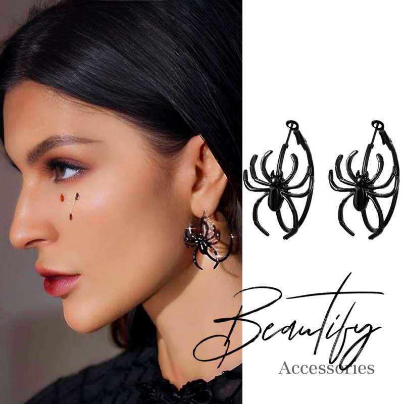 𝓑𝓮𝓪𝓾𝓽𝓲𝓯𝔂 ต่างหูห่วงดีไซน์แมงมุมสวยลึกลับน่าค้นหา เครื่องประดับสำหรับปาร์ตี้ฮาโลวีน