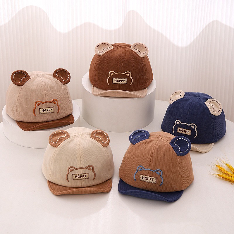 หมวกเด็ก หมวกแก๊ปพร้อมส่ง ปักลายหมีน้อยhappy อายุ 6เดือน-3ปี
