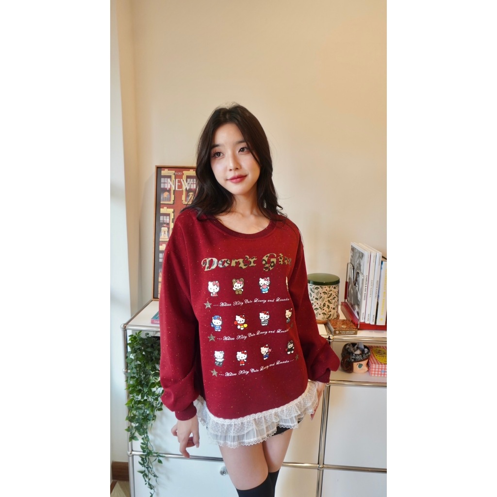 เสื้อแขนยาวสเวตเตอร์ สกรีนลายคิตตี้แต่งระบาย เนื้อผ้าดี จับแมทช์ง่าย ใส่สบาย น่ารักแบบนี้ต้องมีติดตู้นะจ๊ะ