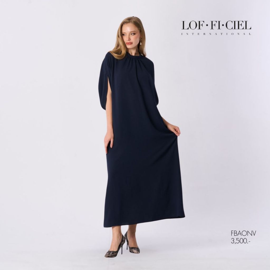 LOF-FI-CIEL เดรสยาวคอตั้ง Daimond sand ทรงหลวม สีกรมท่า FBAONV