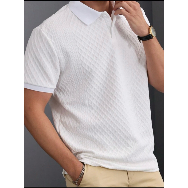 Manfinity Homme เสื้อโปโลแขนสั้นสีขาวลำลองผู้ชาย (ไม่ต้องรีดผ้าไม่ยับ)