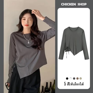 เสื้อยืดแขนยาวสีพื้น แต่งปลายเสื้อสามเหลี่ยม เอวข้างผูกโบว์ได้ สไตล์เกาหลี ผ้านุ่มสวมใส่สบายรุ่น-227