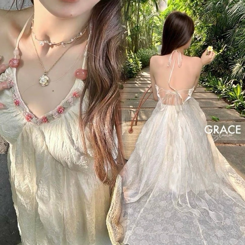 เดรสสายเดี่ยวคล้องคอสีครีม🌸 งานจากร้าน Grace