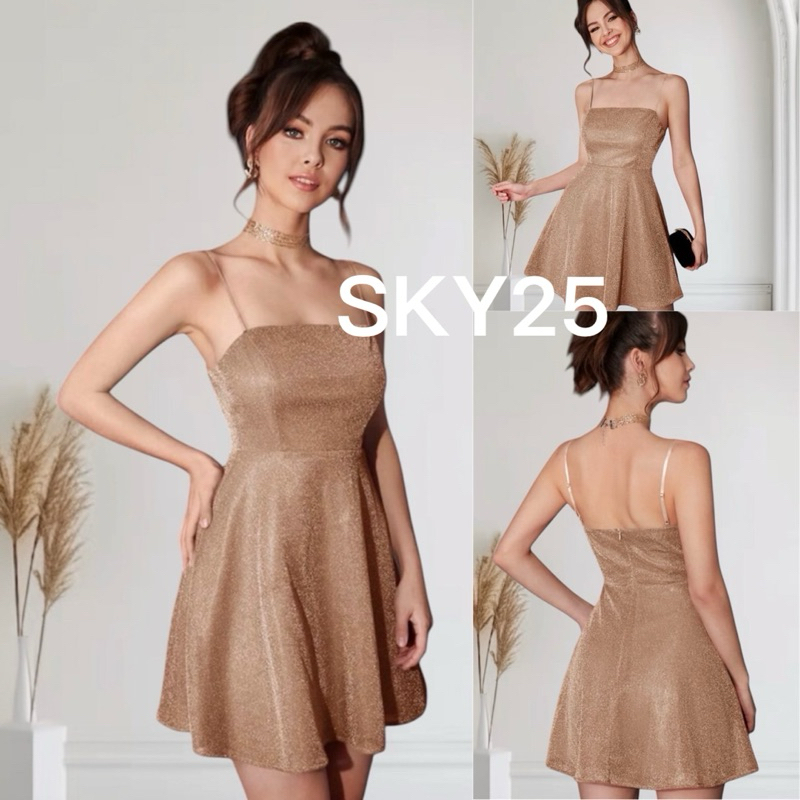 SKY25 พร้อมส่ง #02 ชุดเดรสสายเดี่ยว สีทองน้ำตาล ใส่ออกงานน่ารักมากกก