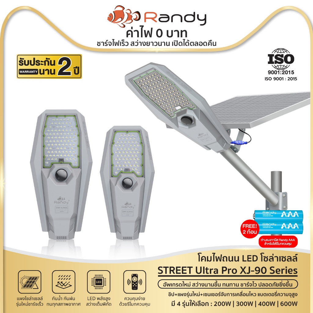 Randy GEN2 Street SolarLight โคมไฟถนน แอลอีดีสปอร์ตไลท์ โซล่าเซลล์ กันน้ำIP65 ประกัน2ปี สว่าง365วัน