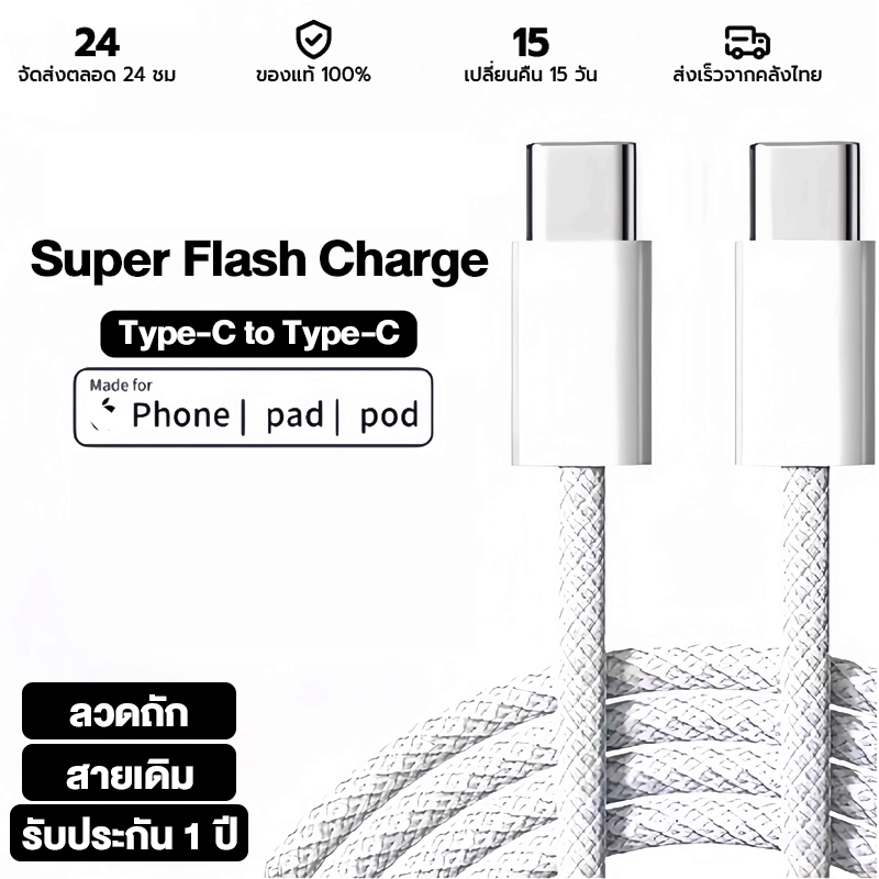 LaoMi สายชาร์จ USB Type c to Type c สายชาร์ตสำหรับ ไอPad Pro, Air4 Air5 Mini6 ไอ15-16 15-16pro 15-16 pro max