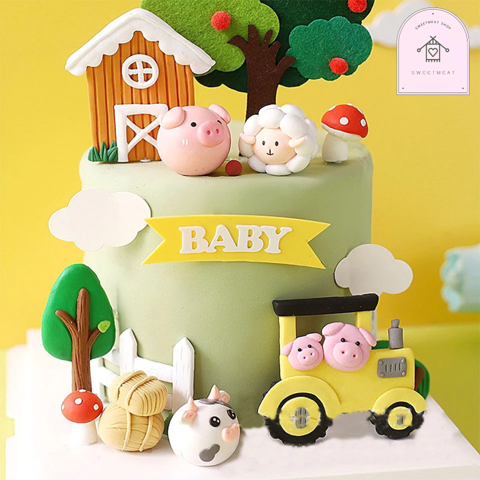 ตุ๊กตา ปาร์ตี้ฟาร์ม หมู วัว แกะ รถแทรกเตอร์ แต่งเค้ก