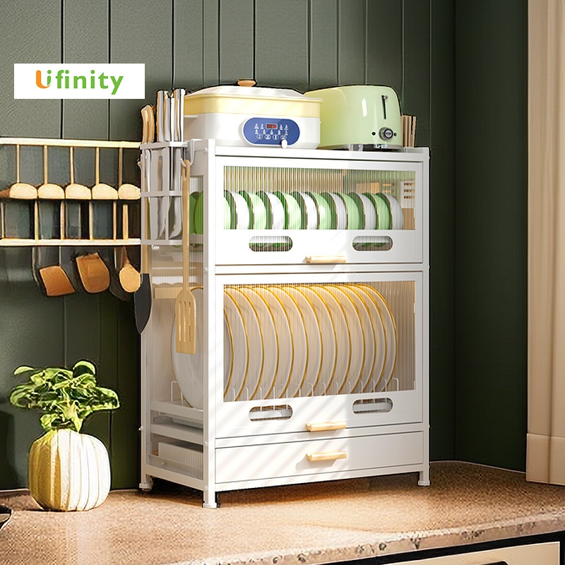 Lifinity ชั้นวางจานคร่อมไมโครเวฟ แบบลิ้นชัก ตู้วางของครัวพร้อมถาดรองน้ำ ชั้นวางของในครัว กันฝุ่น