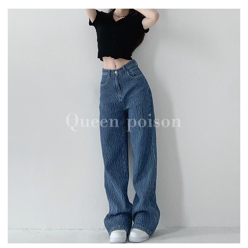 พร้อมส่ง S-3XL เวอร์ชั่นเกาหลีขนาดใหญ่เรียบง่ายสีน้ำเงินพิมพ์กางเกงยีนส์เอวสูงทรงตรงไล่ระดับสีรูปสี่เหลี่ยมขนมเปียกปูนก