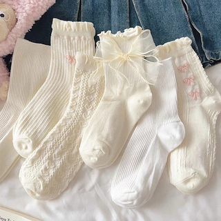 ในไทย-พร้อมส่ง✨ถุงเท้าเจเค สีขาว ฤดูร้อนผ้าฝ้ายน่ารักญี่ปุ่น ลูกไม้แมรี่เจนรองเท้าหนังขนาดเล็กกลางลูกวัวเหงื่อ บางระบายอ