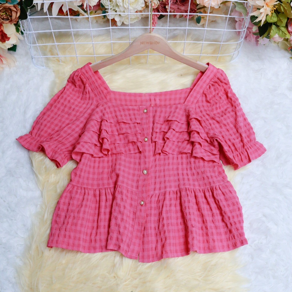 เสื้อเบลาส์,เสื้อผ้าผู้หญิง สีชมพูบานเย็น แขนสั้น คอสี่เหลี่ยม ผ้าโพลีเอสเตอร์ ความยาวเสื้อ=21