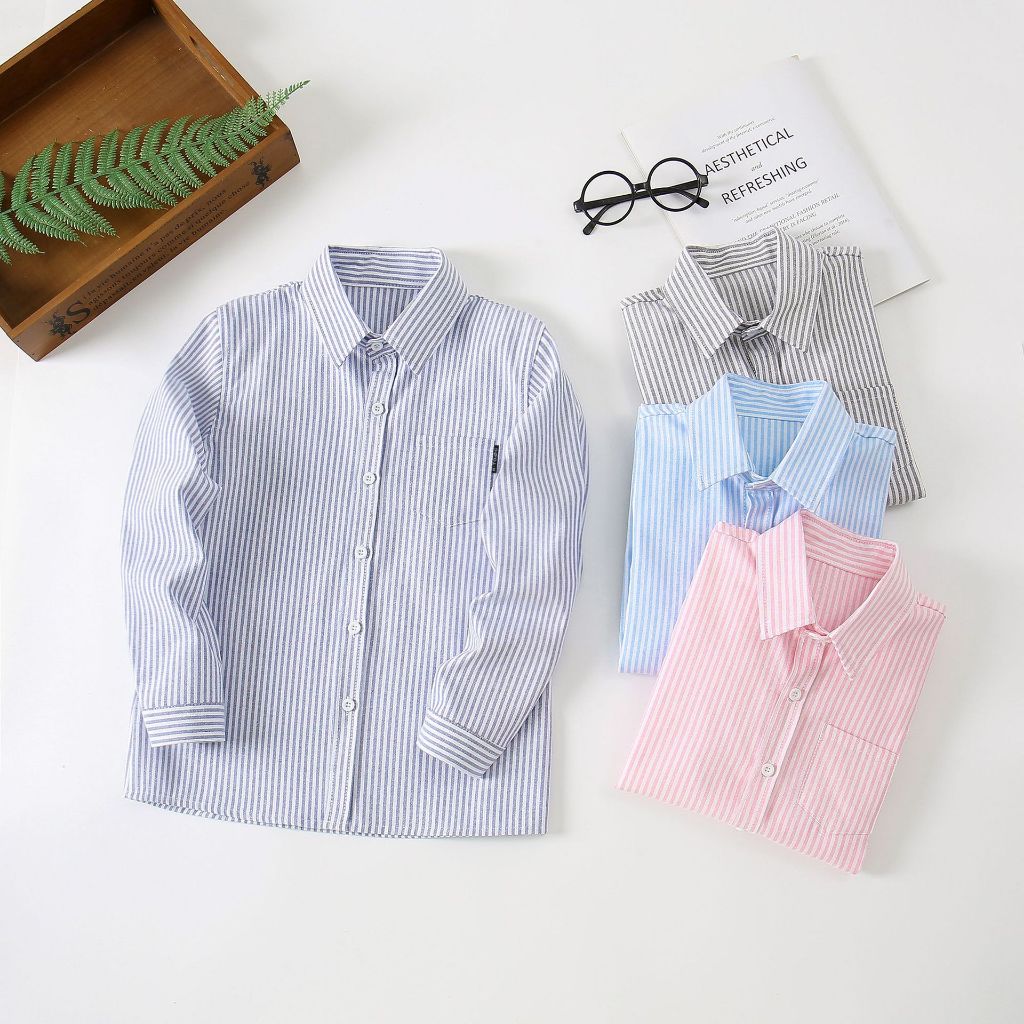 (ไซส์ 110-170) เสื้อเชิ้ตแขนยาวลายริ้ว