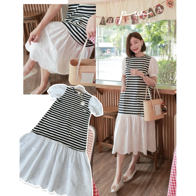 Cotton Stripe Patch Lace Sleeve&Bottom Maxi Dress