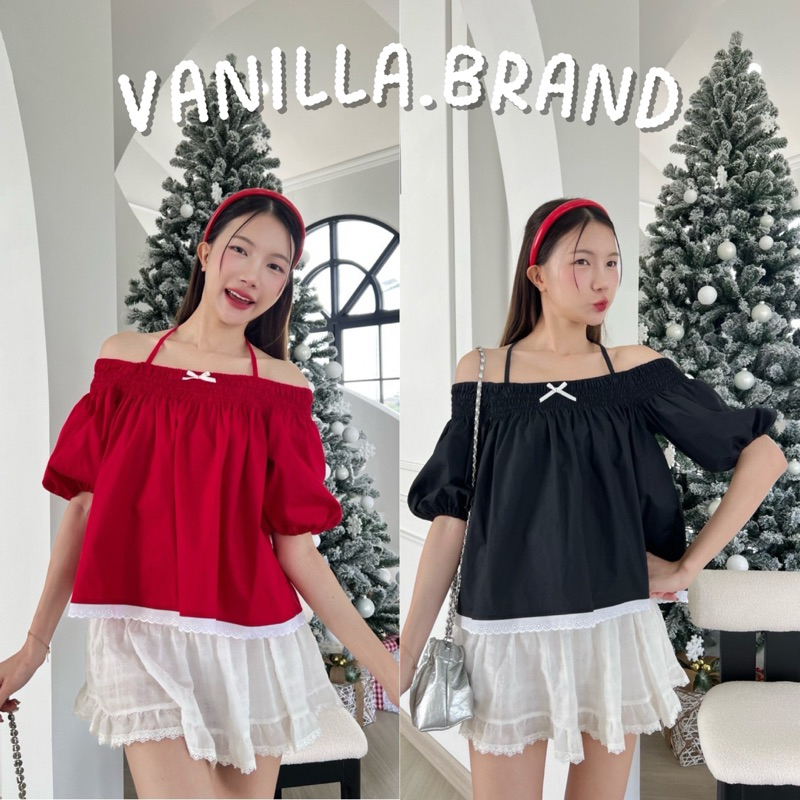 เสื้อปาดไหล่สายคล้องคอ ติดโบว์หน้าอก -ttm / VB0493