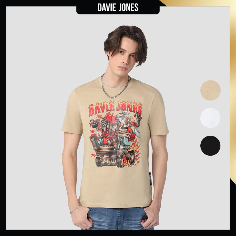 DAVIE JONES เสื้อยืด พิมพ์ลาย Graphic Regular Fit T-Shirt WA0209 สีขาว ดำ ครีม