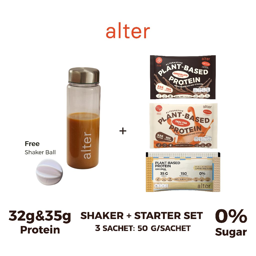 Starter Set: Alter Plant-Based Protein ชาไทย,ดาร์กช็อกโกแลต และออริจินอล ขนาด140g 3ซอง+Shakerแก้วเชค:โปรตีนพืช โปรตีน