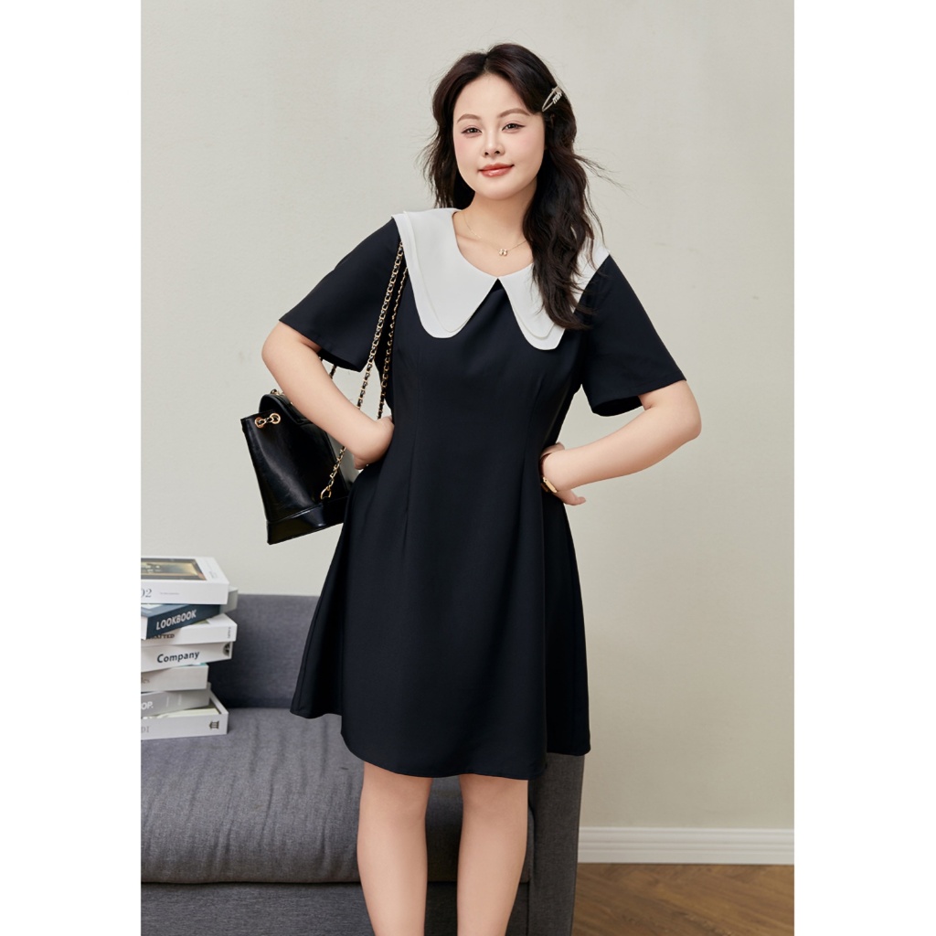 [S-4XL] ชุดเดรสแขนสั้นทรง A-line เข้ารูปที่เอว เหมาะสำหรับสาวอวบช่วยพรางหุ่น ชุดเดรสคอปกตุ๊กตาสองชั้นทูโทน