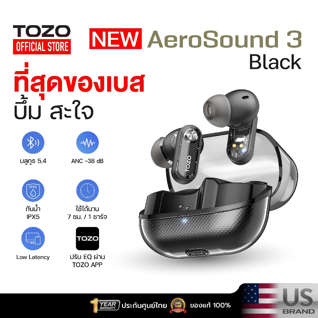 [ประกันศูนย์ไทย] TOZO AeroSound 3 หูฟังบลูทูธ หูฟังไร้สาย หูฟังอินเอีย เบสหนัก Bluetooth 5.4  IPX5 Game Mode