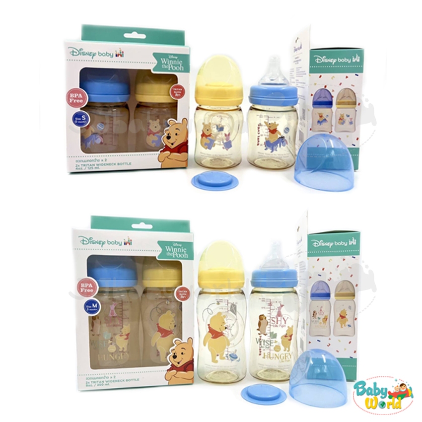 ขวดนม สีชา Disney baby คอกว้าง 4 / 8 ออนซ์ ลายหมีพูห์ แพค 2 ขวด ขวดเว้า