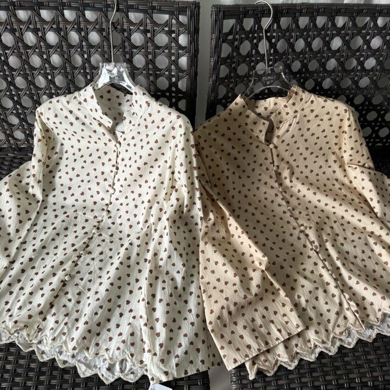 NEW : JAI SHIRT BLOUSE พิมพ์รูปหัวใจผ้าคอตตอน มีกระดุมหน้า คอจีนแขนปล่อย