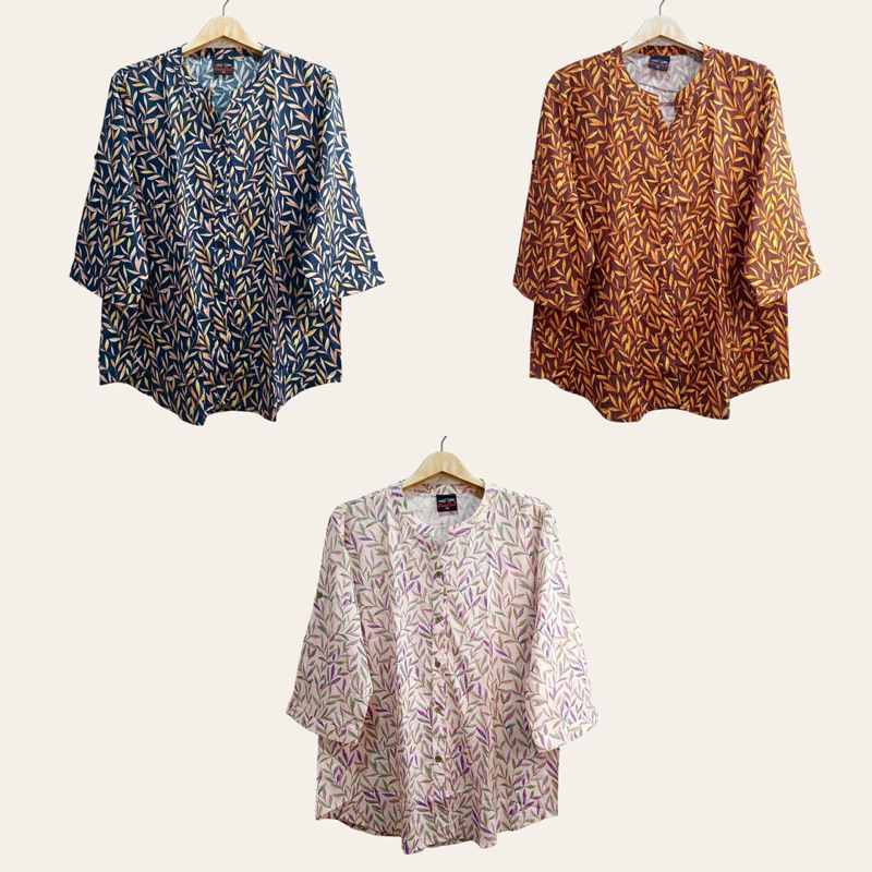 (อก 46”) เสื้อคอกลม เเขนสามส่วน ผ่าหน้า ลายใบ ผ้าลินินผสมฝ้าย ใส่สบาย
