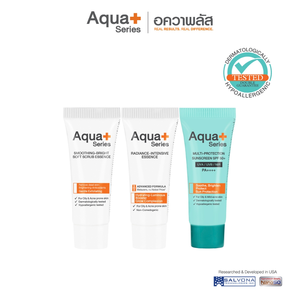 (ส่งฟรี) Aqua+ Series ชุดสินค้าขนาดทดลอง (Soft Scrub 5ml / Essence 5ml / Sunscreen 5ml)
