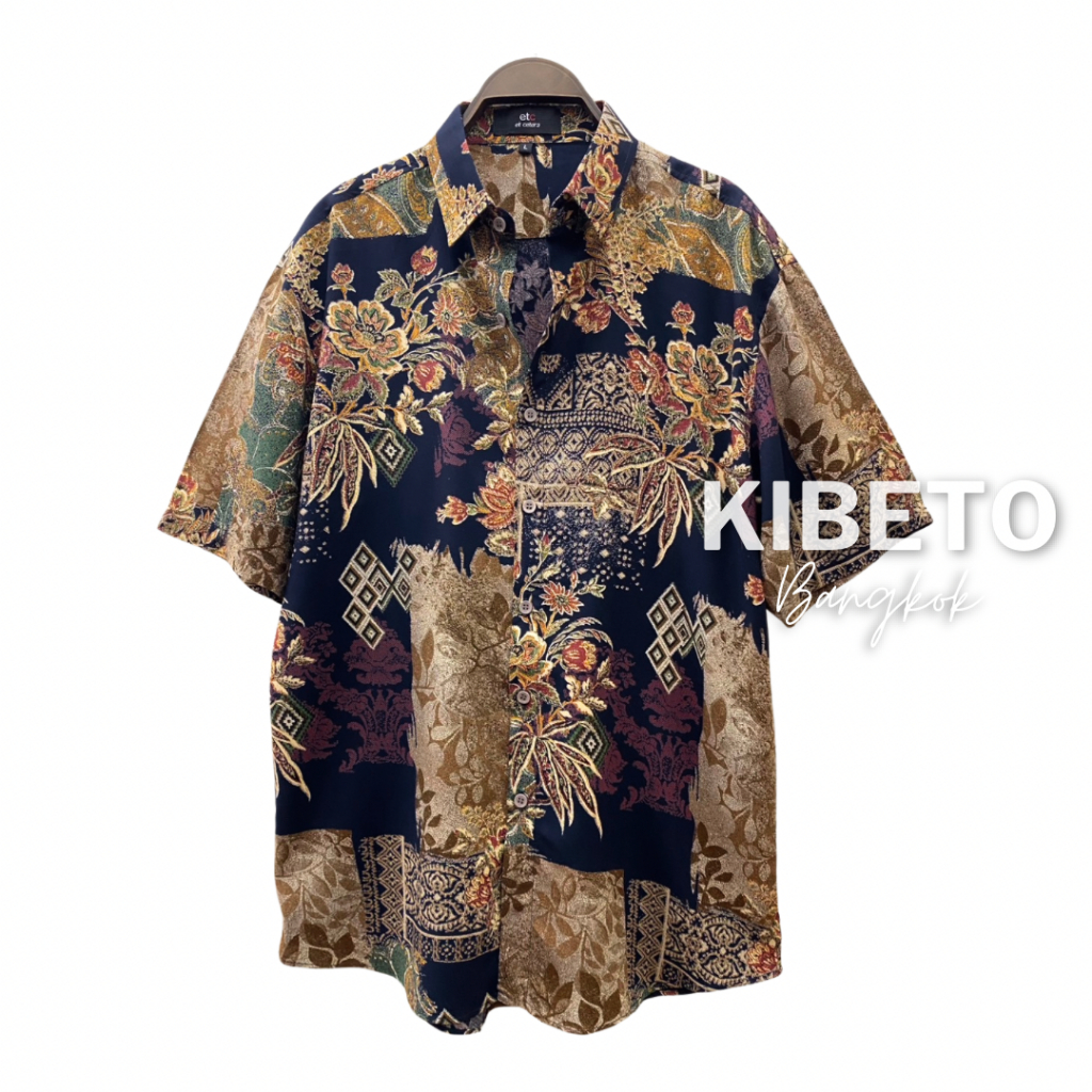 Kibeto เสื้อฮาวาย ลายดอกไม้ไทยวินเทจ สีกรม ผ้าสปันเรยอน เนื้อนิ่ม ใส่สบาย