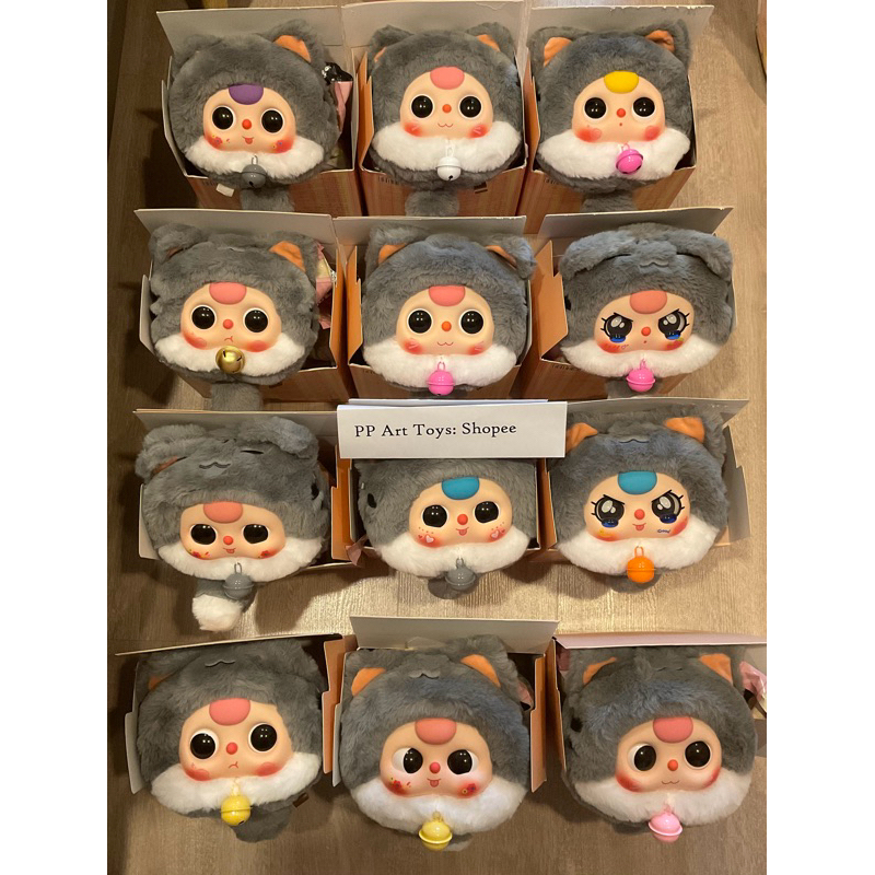 (แบบเช็คตัว) แมวนำโชค- “แมวเทา” Baby three lucky cat zipper
