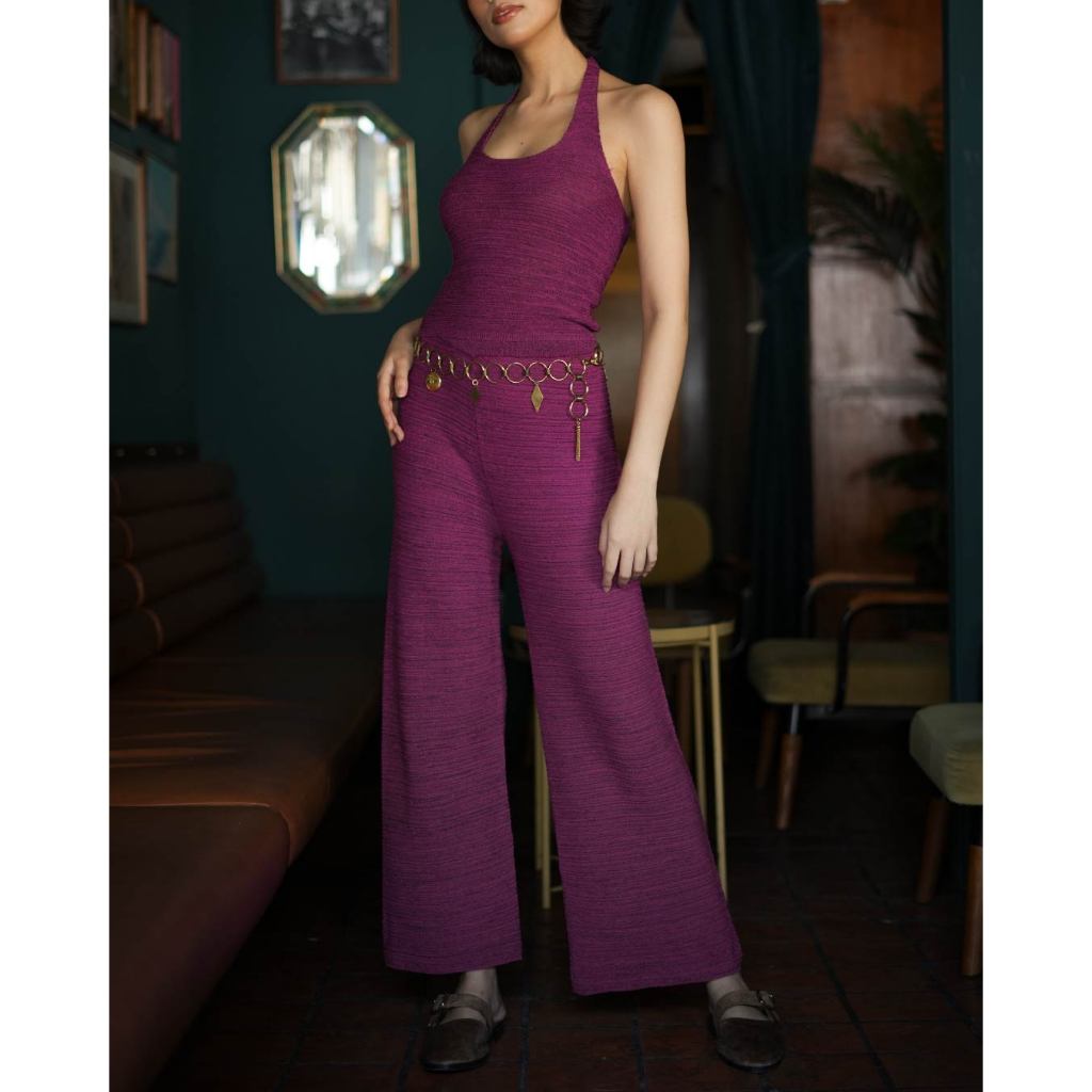 knitCircle – NEON Trousers (3 สี) กางเกงไหมพรมขายาว ผสมเส้นด้ายเมทัลลิกเงา ลายทอเส้นนูนแนวนอนหลายเลเยอร์ ทรงกระบอกโปร่ง