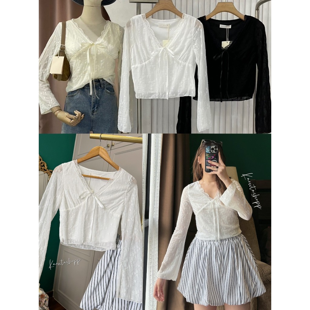 เสื้อแขนยาว เสื้อลูกไม้ คอวี โบว์หน้า เนื้อนุ่ม ไซส์ใหญ่ matinee kaewtashop