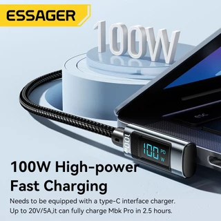 Essager สายเคเบิล Type C to Type C 100W กระแสไฟ 5A จอแสดงผลดิจิทัลสำหรับถ่ายโอนข้อมูล USB2.0 สายเคเบิลแบบงอ Type-C