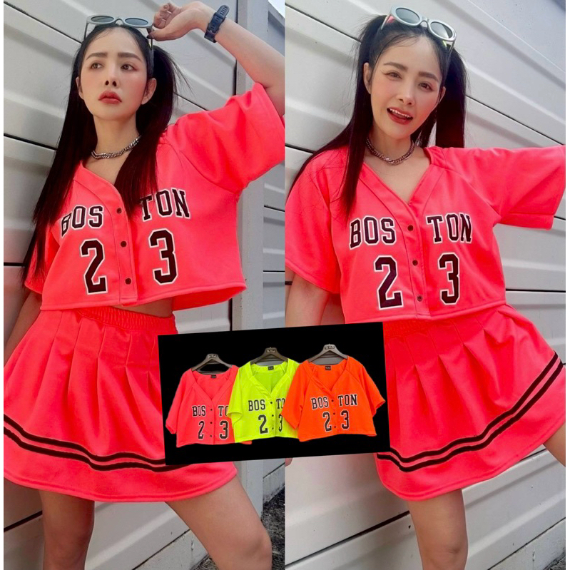 เสื้อสีนีออนเบสบอลสั้นสกรีนลาย BOSTON 23 💡เรืองแสงในไฟแบล็คไลท์💡