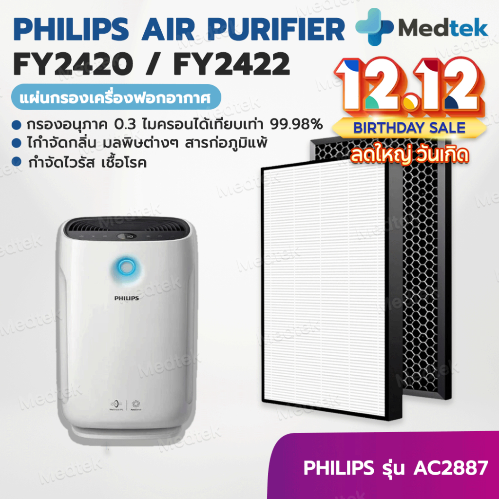 แผ่นกรองอากาศ Philips FY2422, แผ่นกรองกลิ่น FY2420 สำหรับเครื่องฟอกอากาศ Philips Series 2000 รุ่น AC2887/20 Phillips