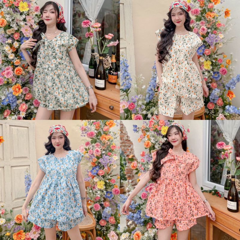 ชุดเซ็ท เสื้อ + กางเกงขาสั้น ~ เดซี่ ~ ผ้าฝ้าย ใส่ได้ 2 ด้าน หน้า-หลัง แต่งสายผูกโบว์ได้ ฟรีไซส์