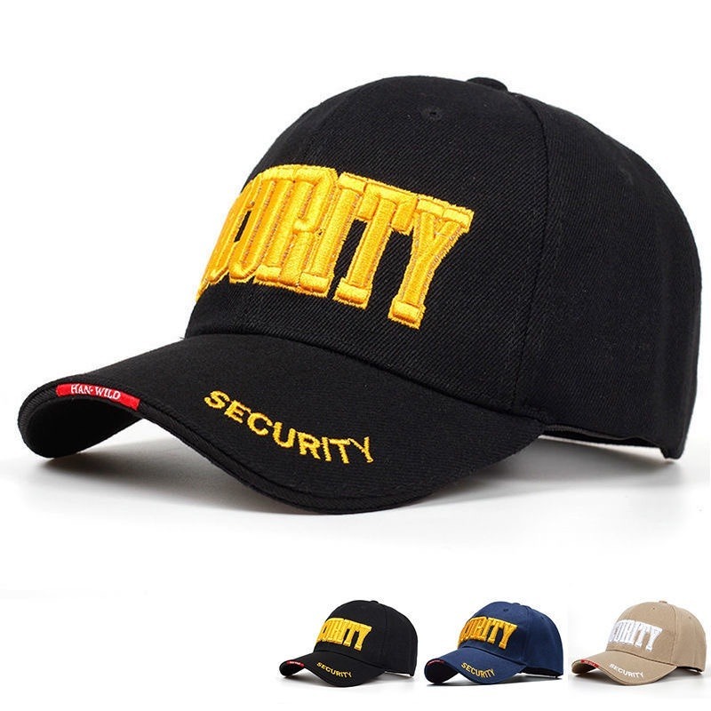 Unisex เย็บปักถักร้อย SECURITY หมวกเบสบอลหมวกกีฬากลางแจ้งหมวกปรับ Black Man หมวก