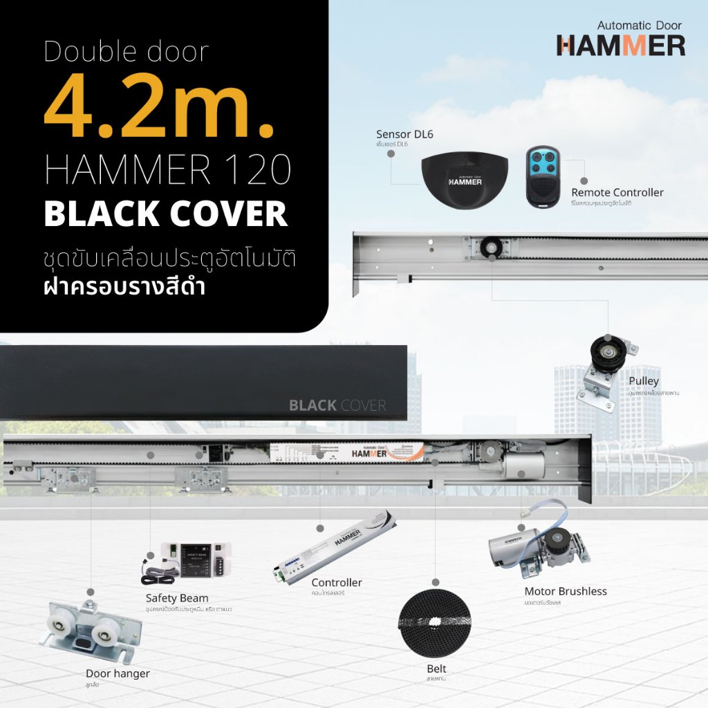ประตูอัตโนมัติ Auto Door Hammer 120 Black Double Sliding Door บานเลื่อนคู่ 4.2 เมตรสีดำ