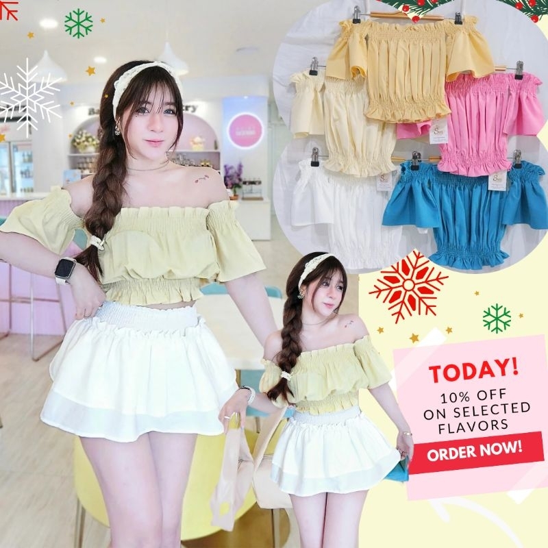 เสื้อครอปปาดไหล่ จั้มเอว โทนสีพื้นน่ารัก มินิมอลมินิใจ