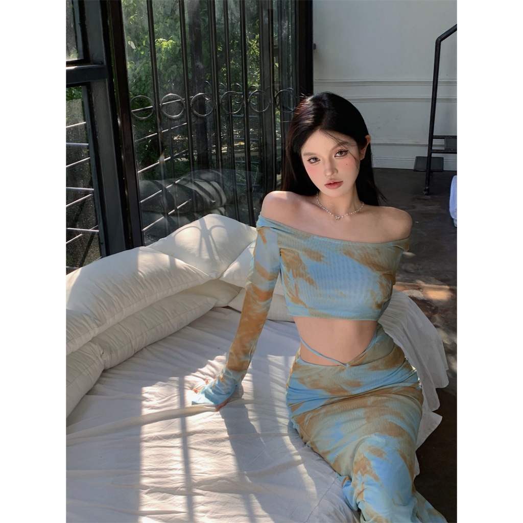 แม็กซี่เดรส เซ็ต2ชิ้น เสื้อครอปแขนยาวผ้าซีทรูมีซับใน+กระโปรงผ่าหลัง ซับในเต็มตัว แต่งสายผูกเอว #9671 - รูปที่ 5