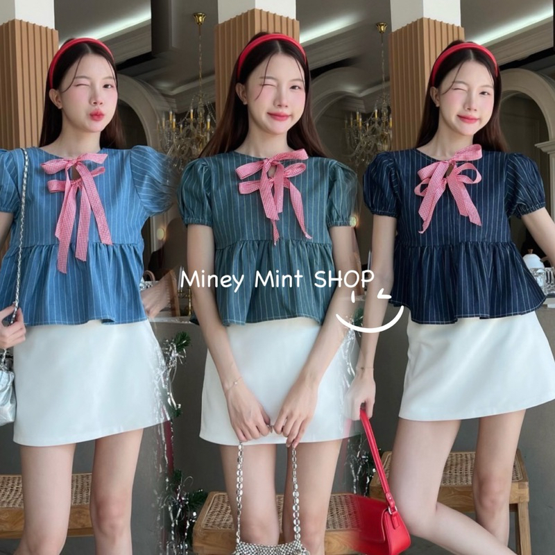 miniminey เสื้อแขนตุ๊กตา ต่อระบายชาย ผ้ายีนส์แท้ ผูกริบบิ้นสก็อตแดงสวยมากกก